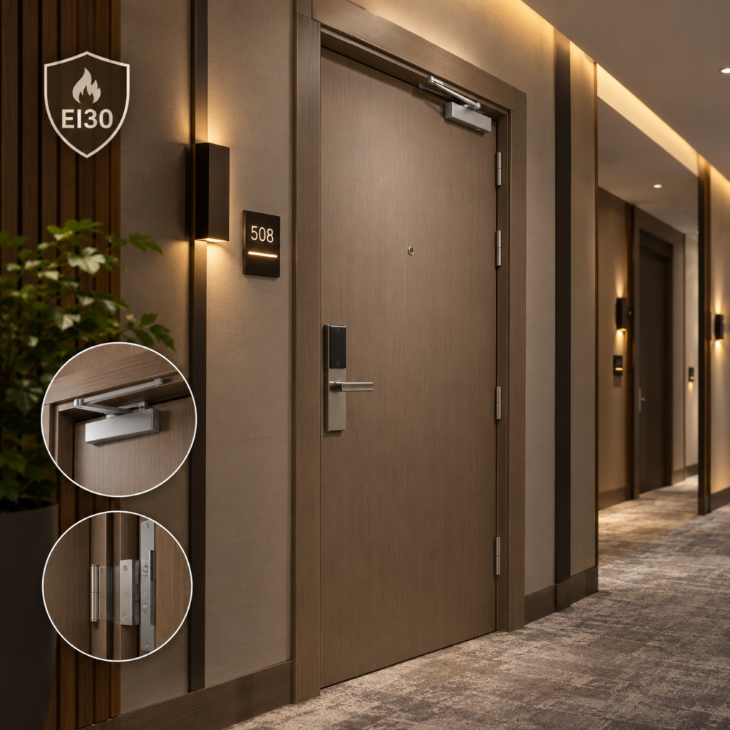 Alvera Mimarlık EI30 sertifikalı monoblok MDF otel oda kapısı
