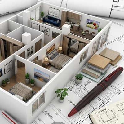 Mimari kat planı ve teknik çizimler üzerinde yer alan 3D maket ev modeli ve çizim kalemi
