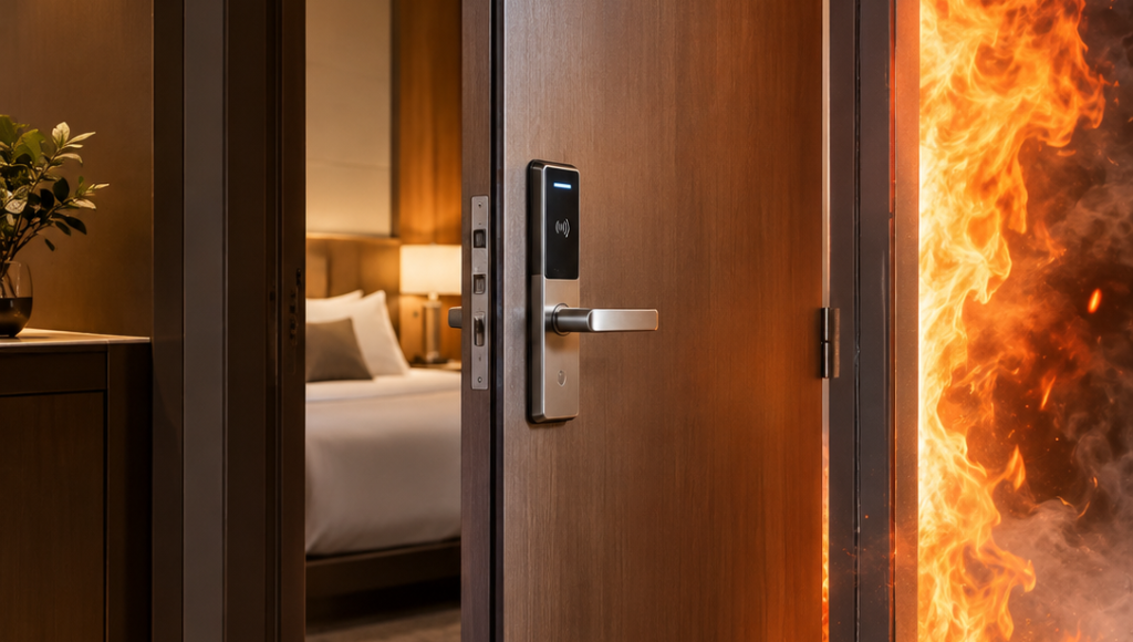 Yangına dayanıklı ahşap malzemeden üretilmiş otel oda kapısı ve kilit sistemi